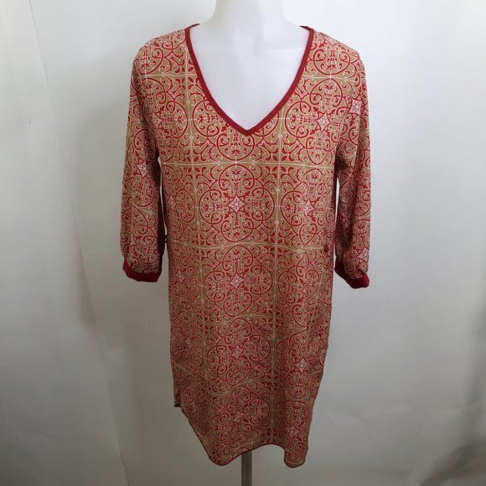 Tea N Rose Dress 12 Shirt Red Beige Swirl Filigree V-neck Brown A-line Shift